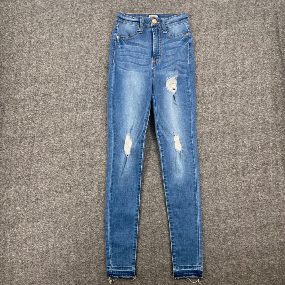 Love Fire Womens High Rise Distressed Skinny Jeans Medium Wash Raw Hem Size 1
